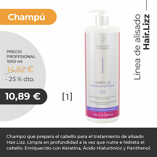 Champú Hair Lizz Alisador Deep Cleansing Shampoo 1000ml. Limpia en profundidad, nutre e hidrata el cabello. Con Keratina y Ácido Hialurónico.