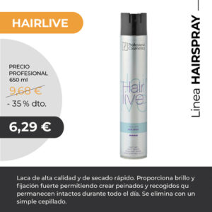 Fijador Hairlive 650ml. Laca de alta calidad y de secado rápido. Proporciona brillo y fijación fuerte. Evita la sequedad y se elimina de forma fácil.