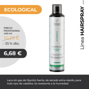Fijador ecológico 400ml. Laca sin gas de fijación media y fuerte, de secado extra-rápido, para todo tipo de cabellos. Resiste la humedad.
