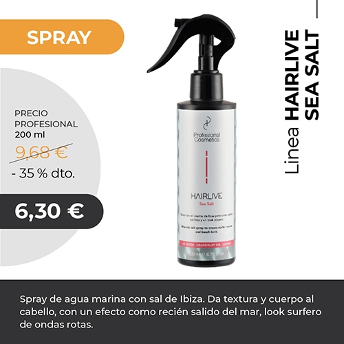 Sea Salt Hairspray 200ml. Spray de agua marina con sal de Ibiza. Da textura y cuerpo al cabello, con un efecto como recién salido del mar.